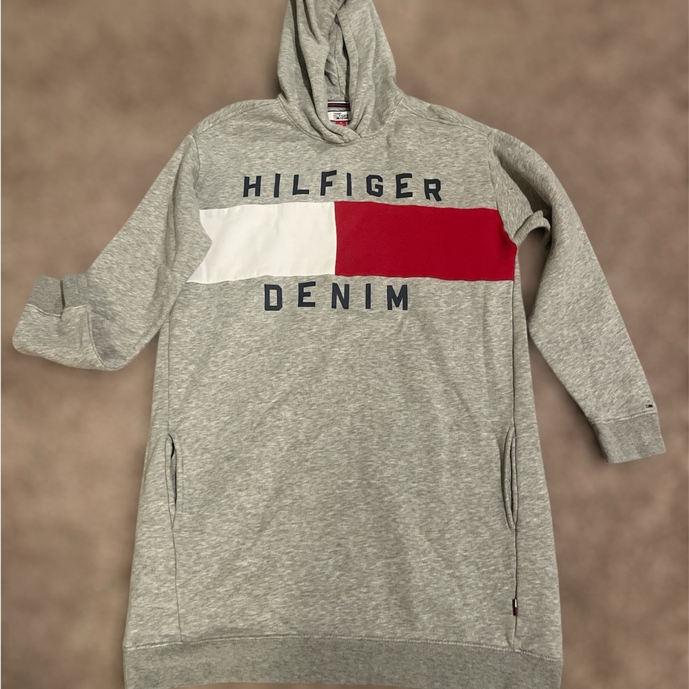Tommy Hilfiger Gray Hoodie Dress  with Red and White Accents